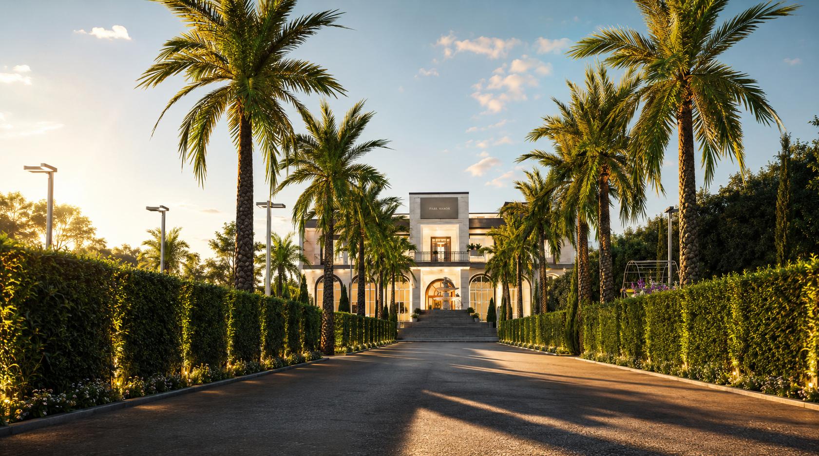 A palm-lined driveway leading up to the main building