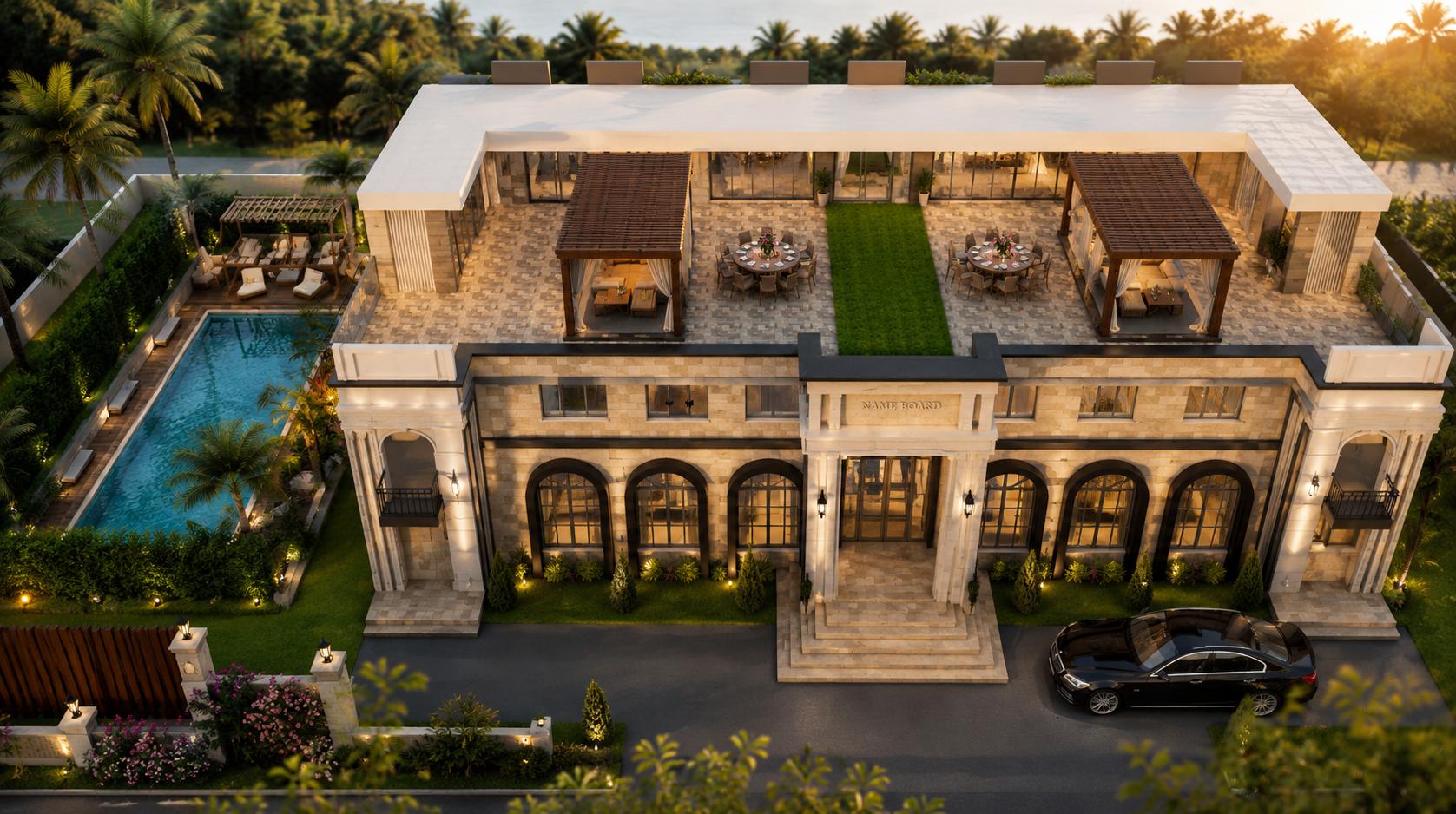 Aerial view of the rooftop terrace with pergolas, dining tables and a central lawn strip
